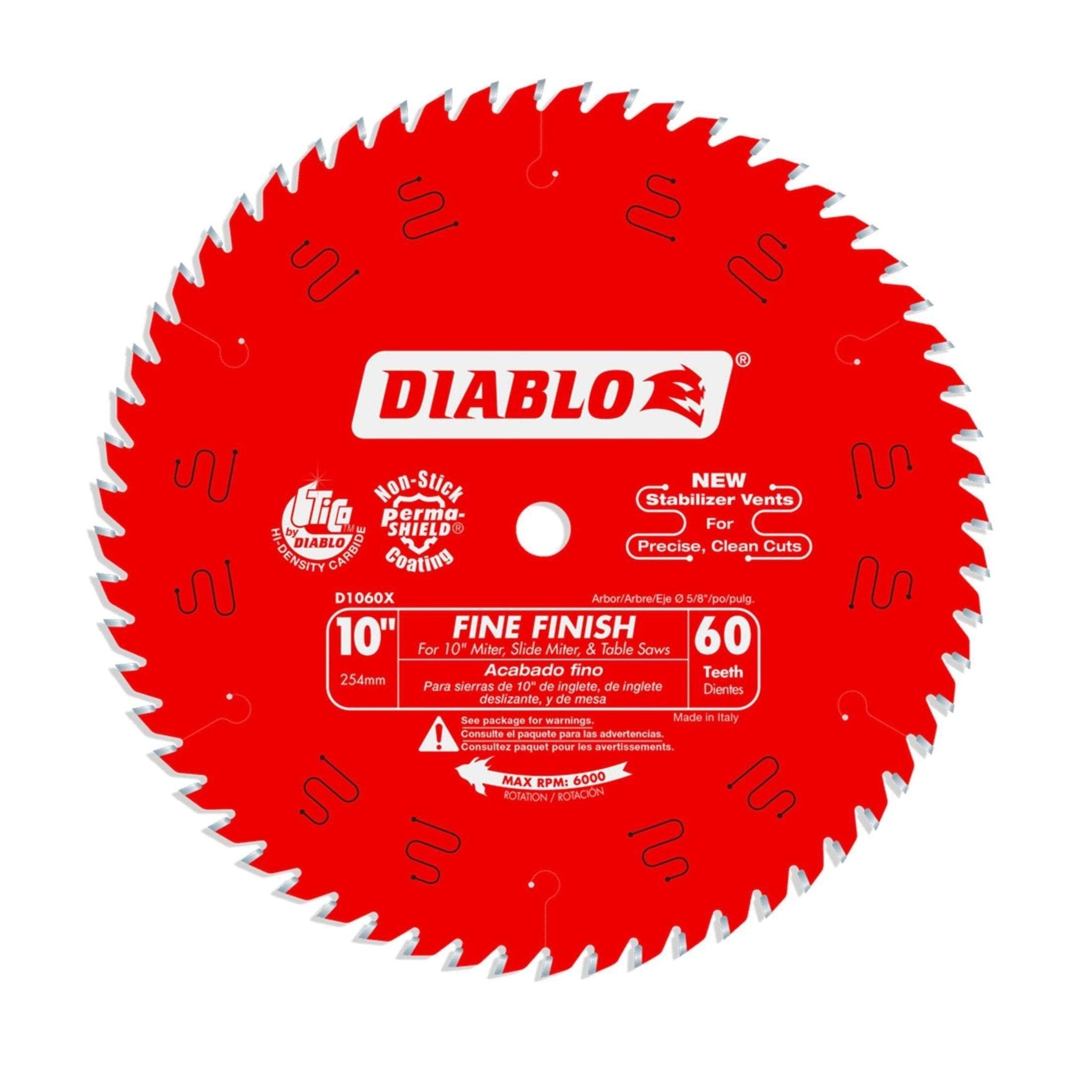 The Diablo D1060X Fine Finish Saw Blade offers a 10-inch diameter with 60 teeth. Made with TiCo Hi-Density Carbide and featuring stabilizer vents, its ideal for precise cuts, delivering top-tier performance for trim carpenters.